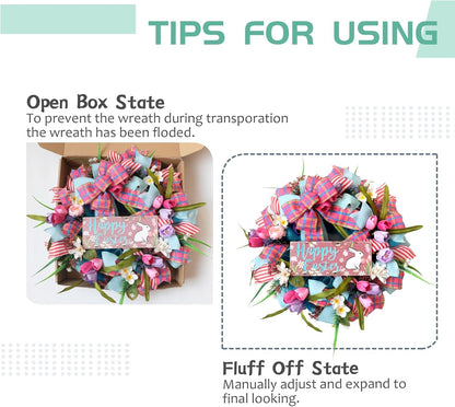 Spring Easter Bunny Wreath - 22 Inch Floral Design with Pink Tulips for Front Door Decor