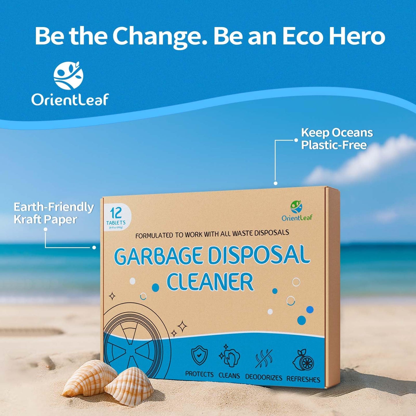 ORIENTLEAF Garbage Disposal Cleaner and Deodorizer Tablets 20g 1 Year Supply Sink Cleaner, Prevents Odors, Natural Kitchen Drain Cleaning Care 12 Pack