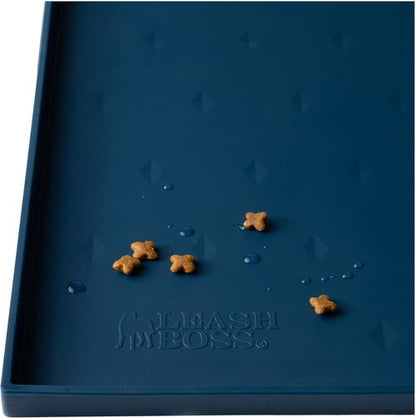 Leash Boss Dog Food Mat - Waterproof Silicone Pet Feeding Mat with High Edges | Non-Slip Design (Small: 18"x11", Navy)