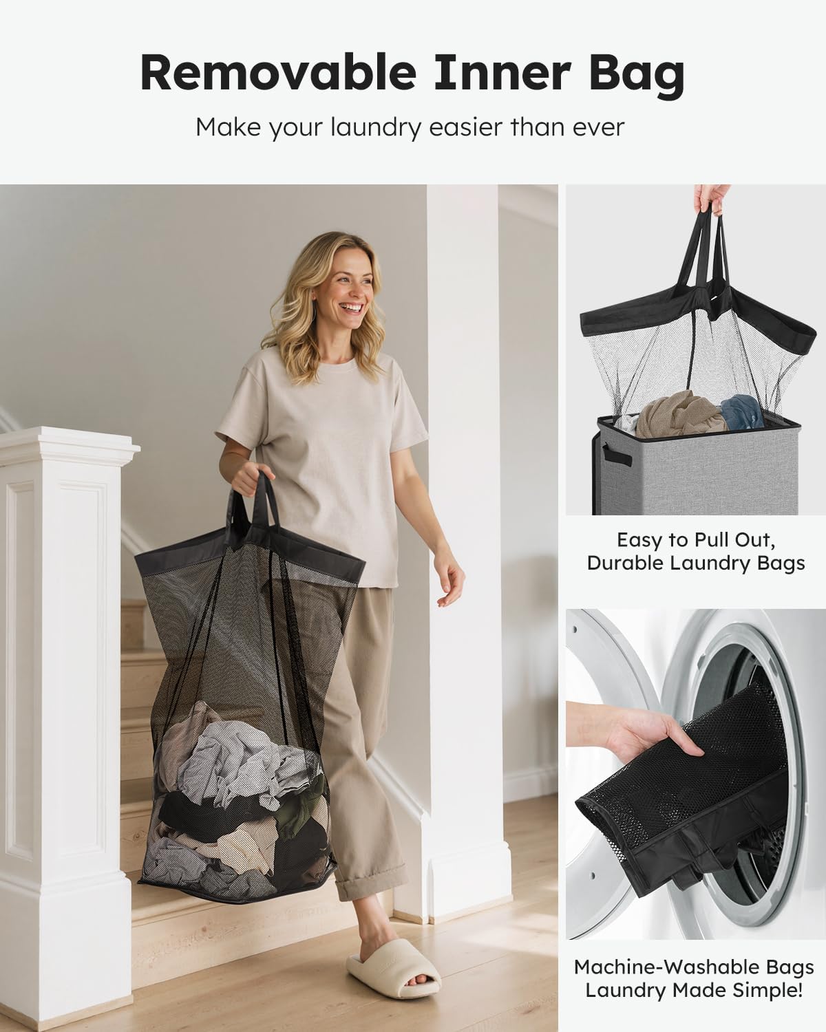 SOLEDI Laundry Hamper - 100L Large Collapsible Basket with Lid & Removable Bag - Grey