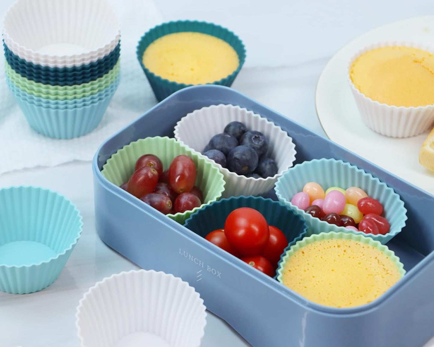 Skiennix Silicone Baking Muffin Cups - 12 Pack Reusable Cupcake Liners | BPA Free & Dishwasher Safe (White, Green, Navy, Dusty Blue)