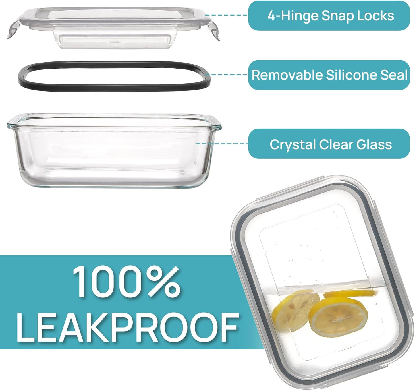 Vtopmart 35oz Glass Food Storage Containers - Airtight Meal Prep Set | 5 Pack, Safe for Oven & Microwave, Grey