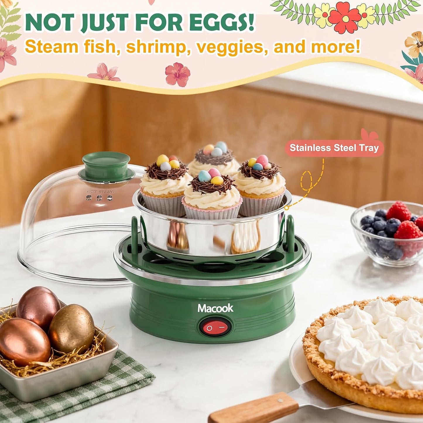 Skiennix Electric Egg Cooker - 7 Egg Capacity with Auto Shut-Off | Spring Green Hard Boiled Egg Maker