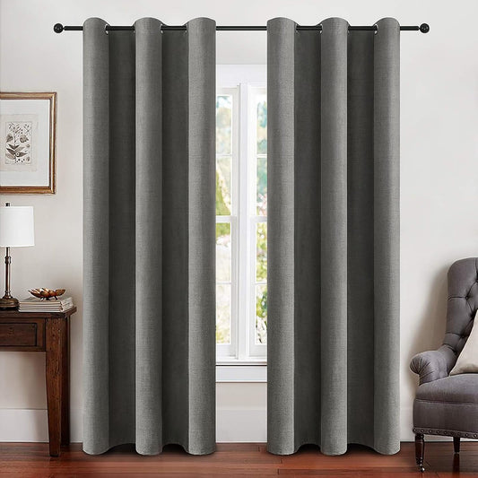 MIULEE Linen Blackout Curtains - 100% Room Darkening Thermal Insulated Grommet Panels | Dark Grey, 42" x 90" (2 PCs)