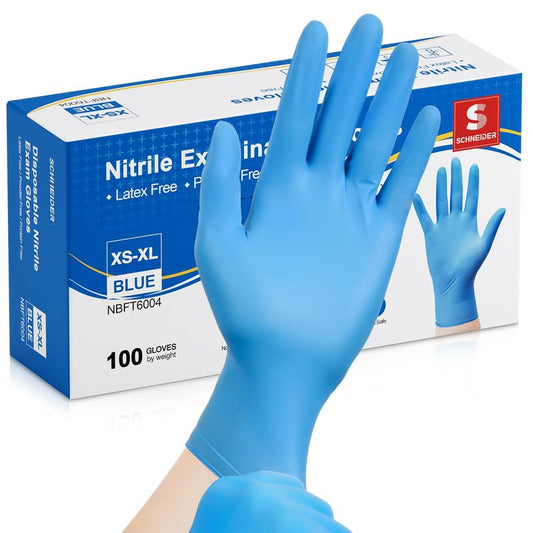 Schneider Nitrile Exam Gloves - L, 100-ct Box, Medical Grade Blue Disposable Gloves Latex Free, Rubber Glove for Cleaning, Cooking, Food Prep