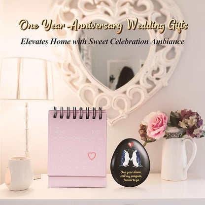 First Anniversary Penguin Pebble Keepsake Gift for Men and Women - 1st Year Anniversary Card Included - Jubilora