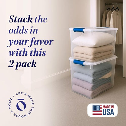 HOMZ Clear Plastic Storage Organizer Bins - 112 Quart Stackable Latching Lid Containers | 2-Pack, Blue Latch