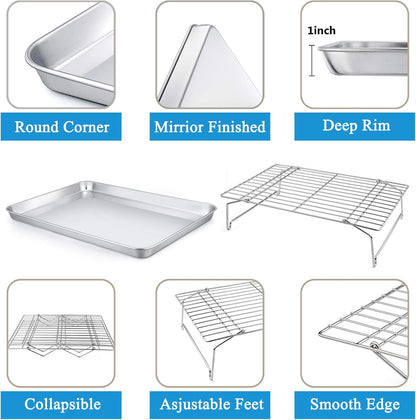 P&P CHEF 16-Inch Stainless Steel Baking Sheet Set - Includes 2 Pans & 2 Cooling Racks, Oven & Dishwasher Safe