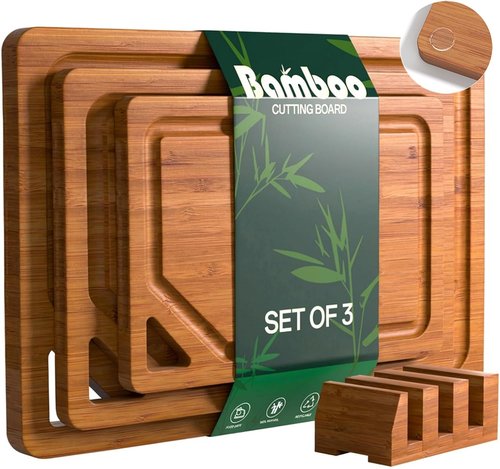 Bamboo Cutting Boards Set - 3-Pack Kitchen Chopping Boards with Deep Juice Grooves & Holder