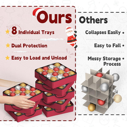 Sunvigor Christmas Ornament Storage Box - Holds 128 Ornaments with Adjustable Dividers & Dual Zippers | Rose Red