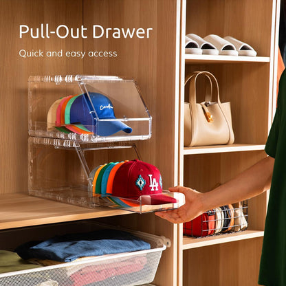 Ozueccr Hat Organizer - Stackable Clear Display Box for 15 Baseball Caps | Sliding Drawer & Anti-Slip Feet