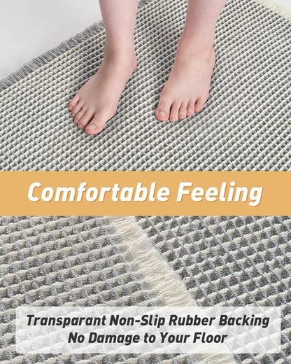 AMOAMI Upgraded Waffle Runner Rug Super Absorbent Non Slip Bath Mats for Bathroom Machine Washable Bathroom Runner Rug with Tassels, Ideal for Hallway Bedroom Laundry Room, 2' x 5', LightGrey & Cream