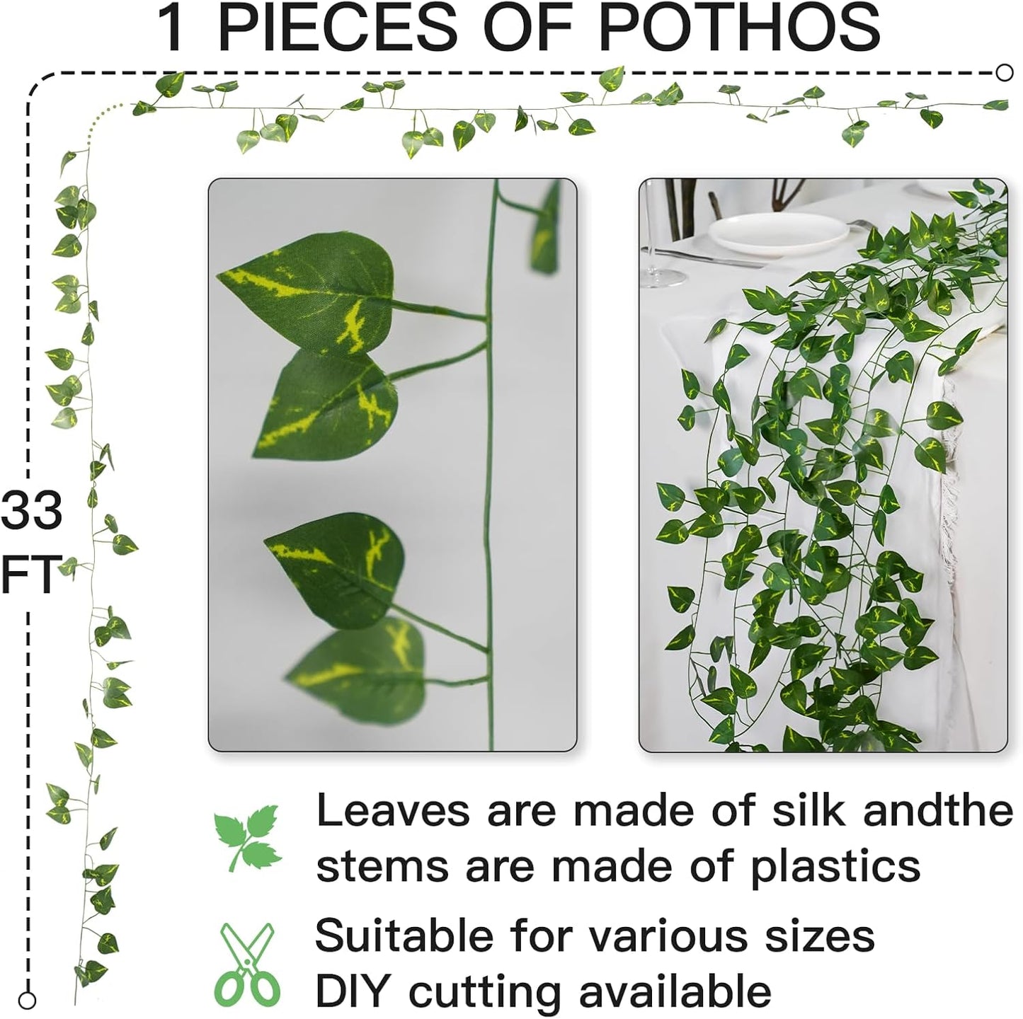 Suddus Artificial Pothos Leaves - 33 Feet Greenery Hanging Garland for Home, Office & Wedding Decor