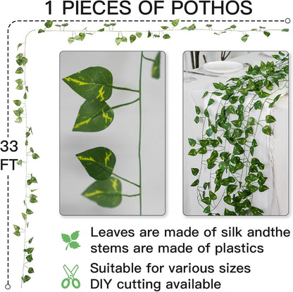 Suddus Artificial Pothos Leaves - 33 Feet Greenery Hanging Garland for Home, Office & Wedding Decor