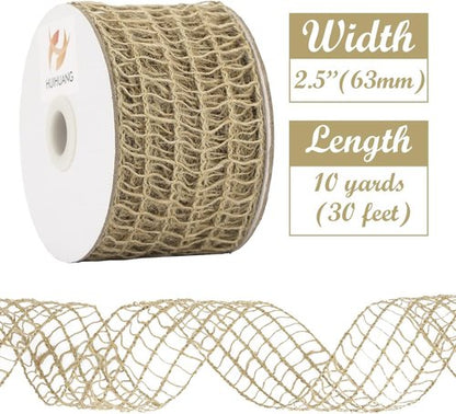 HUIHUANG Burlap Wired Ribbon - 2.5 Inch Rustic Jute for Wreaths, Bows & Home Decor | 10 Yards