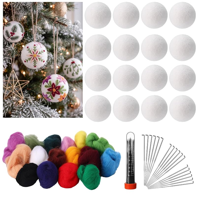 Felted Christmas Ball DIY Kit - 16 Colors, 16 Needles, 16 White Balls for Beginners