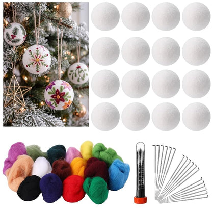 Felted Christmas Ball DIY Kit - 16 Colors, 16 Needles, 16 White Balls for Beginners