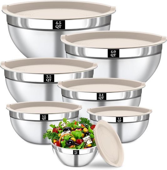 Stainless Steel Mixing Bowls Set by [Brand Name] - 7PCS with Lids for Baking & Meal Prep | Dishwasher Safe, Khaki