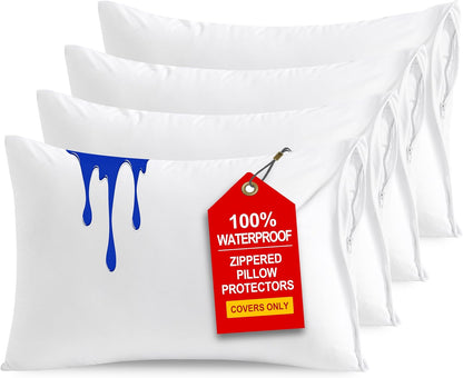NTBAY Waterproof Pillow Protectors - Super Soft Zippered Cases | 20x26 Inches Pure White, 4 Pack