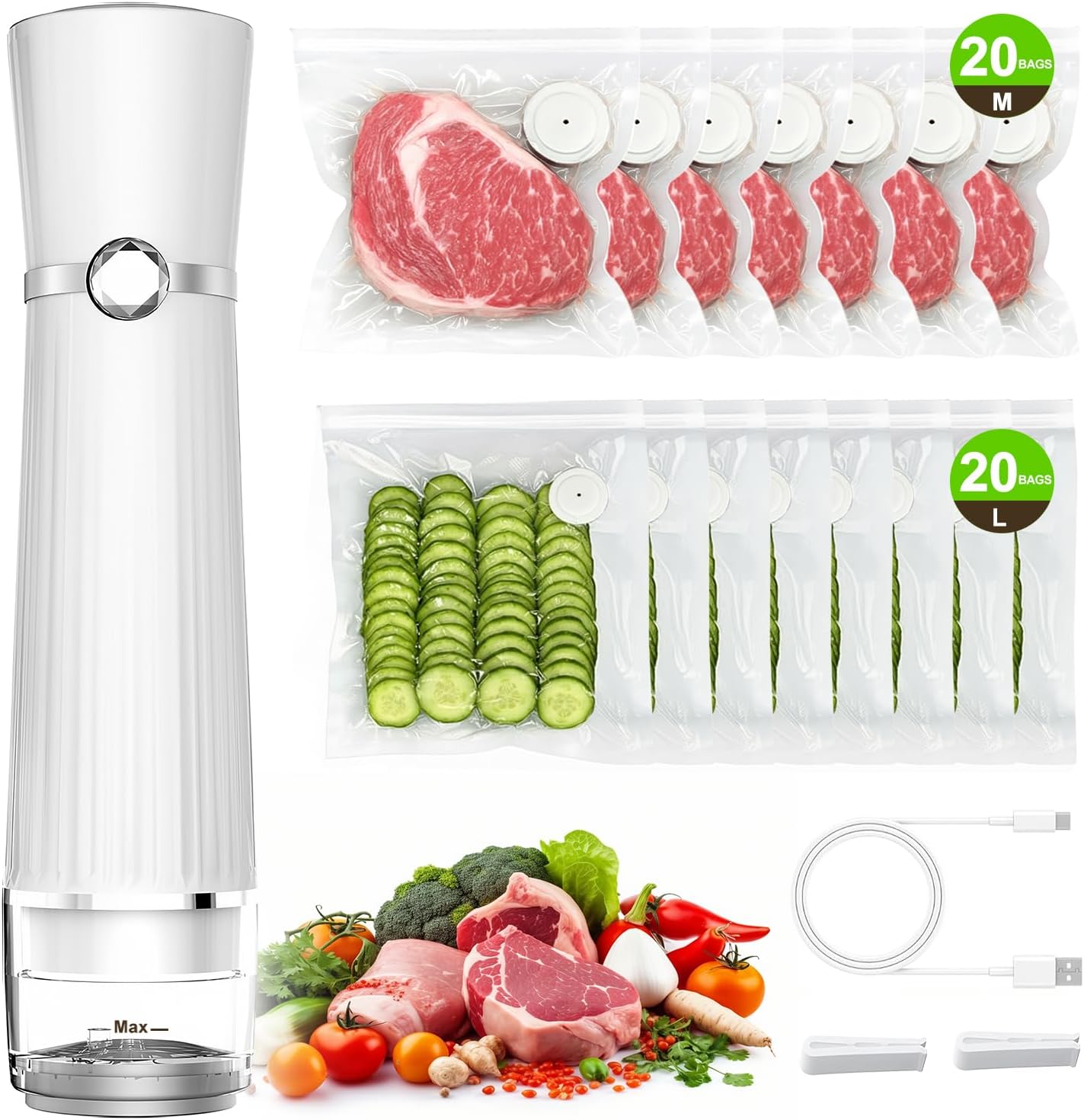 Skiennix Vacuum Sealer - Compact Food Preservation Machine with 40 Reusable Bags | 80Kpa Power