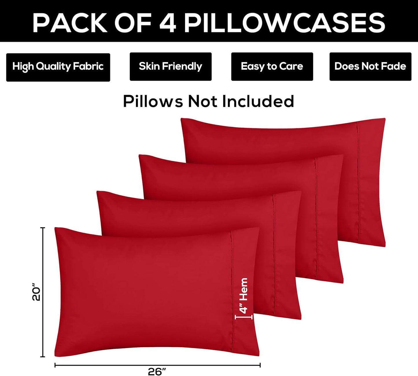 Utopia Bedding Standard Pillow Cases - Soft Brushed Microfiber - 4 Pack, Fade Resistant | 20 x 26 Inches, Red