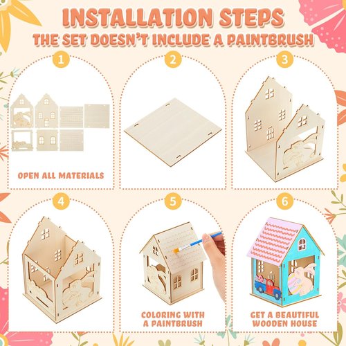 Jenaai Easter Wooden House Craft Set - 24 DIY 3D Bunny Village Decorations for Spring Celebrations