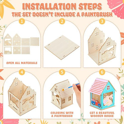 Jenaai Easter Wooden House Craft Set - 24 DIY 3D Bunny Village Decorations for Spring Celebrations