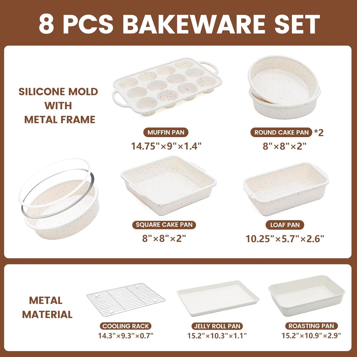 Vinino 8-Piece Nonstick Baking Pans Set - Includes Muffin, Loaf, Cake Pans & Roasting Pan | Oven Safe