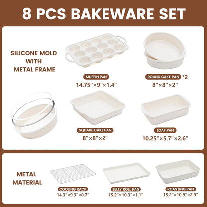 Vinino 8-Piece Nonstick Baking Pans Set - Includes Muffin, Loaf, Cake Pans & Roasting Pan | Oven Safe