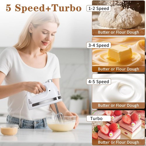 450W Electric Hand Mixer by [Brand Name] - 5-Speed Handheld Mixer with Turbo Function & Storage Case | Includes 2 Beaters & 2 Dough Hooks (White)