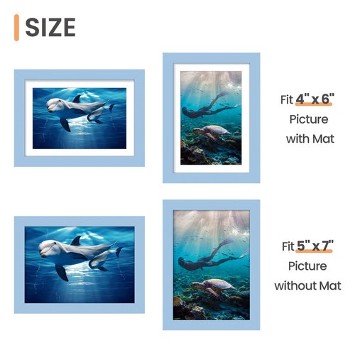 upsimples 5x7 Picture Frame, Display Pictures 4x6 with Mat or 5 x 7 Without, Wall Hanging Photo Frames, Blue, 1 Pack