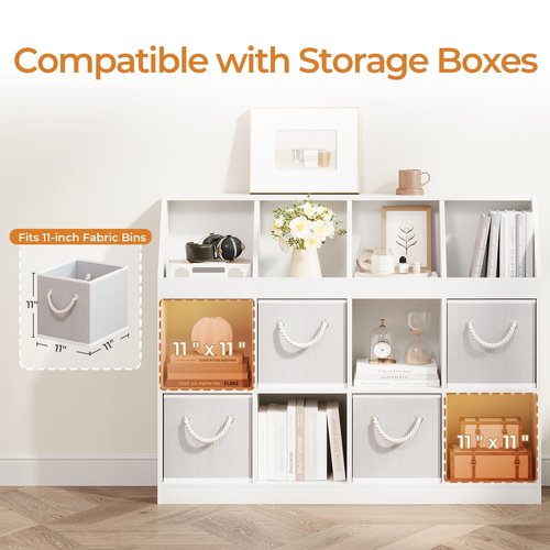 NELYE 9-Cube Wooden Storage Bookcase - 11-Inch Open Shelf Cabinet, Simple Modern Bookshelf Organizer for Home Office, Living Room, White