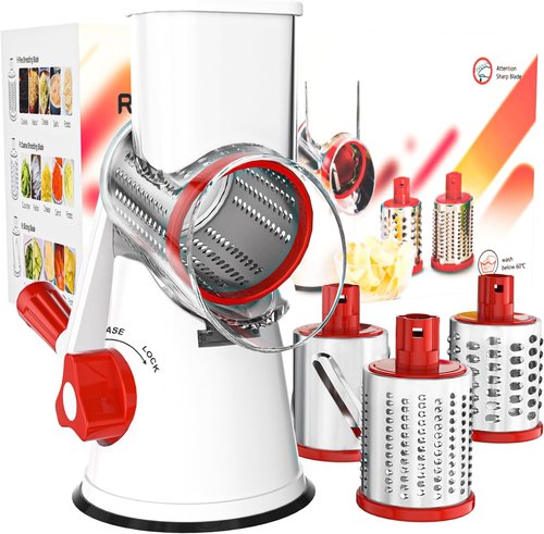 Cambom Rotary Cheese Grater - Hand Crank Shredder for Fresh Cheese, Veggies & Nuts | Red & White with Non-Slip Base