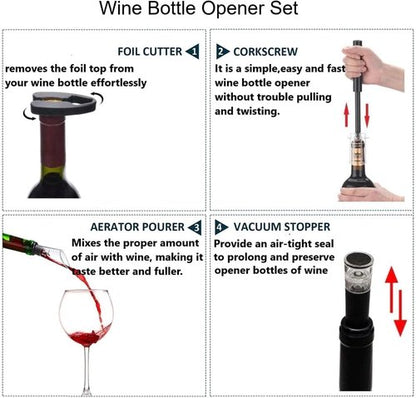 Air Pressure Pump Bottle Opener With One Foil Cutter,One Vacuum stopper and One Wine Aerator Pourer，Efficient|Lightweight|Funny Cork Remover,Great For Wine Lovers,Perfect Wine Gift. (4)