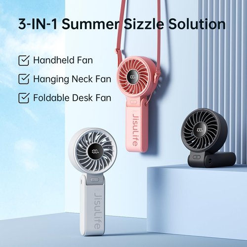 JISULIFE Handheld Fan Life7 – Ultimate Flexibility: High-Power Motor, LED Display, 19.5 Hrs Cooling, 5000mAh Rechargeable, 5-Speed, Foldable Design, 3-IN-1 Portable Fan for Travel Cruise Beach(Black)