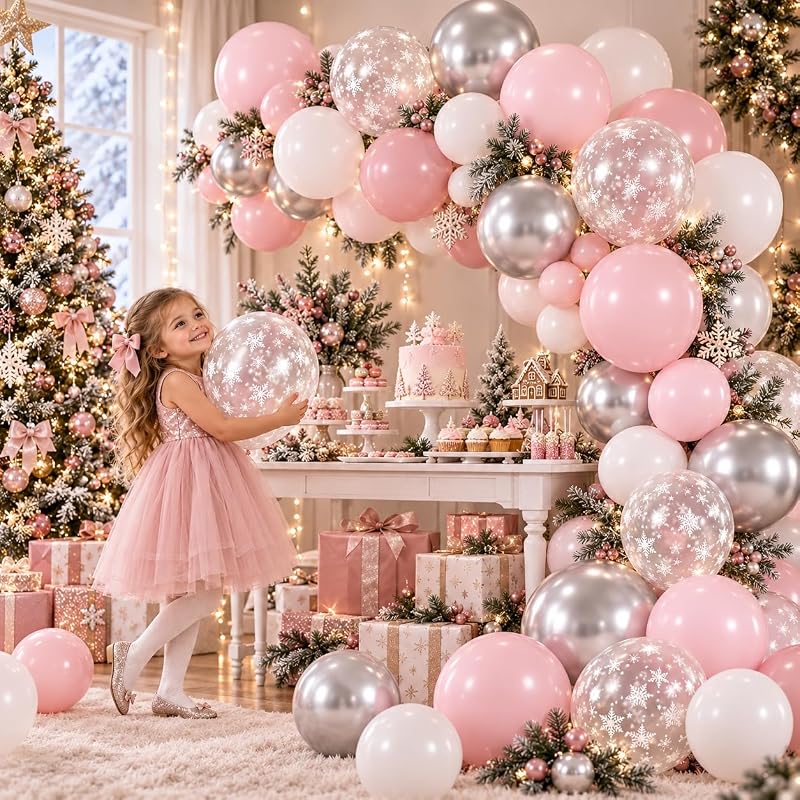 Pink and Silver Balloons 50 Pcs Snowflake Winter Wonderland — Variation Pink White Snowflake