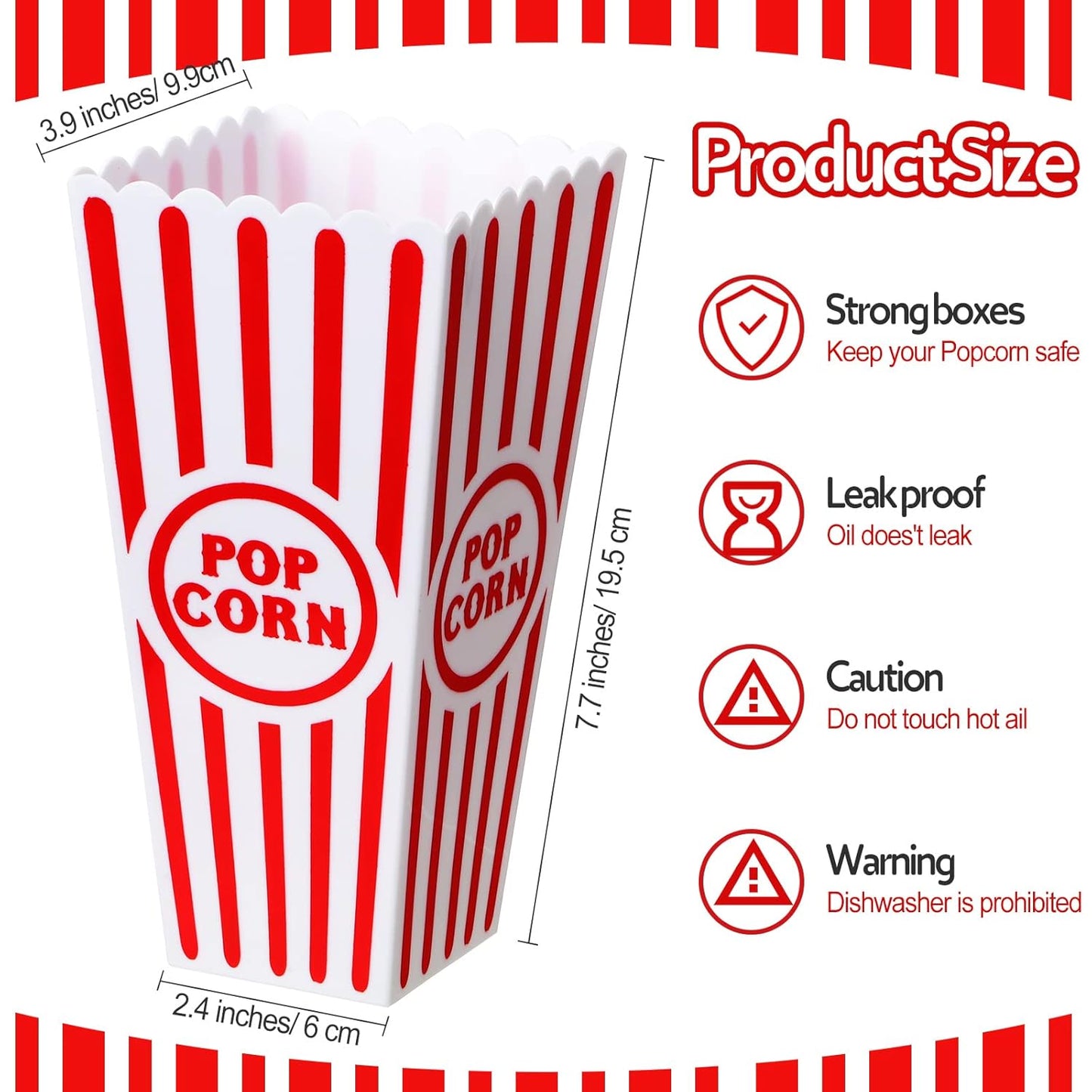 Yuxung Popcorn Boxes - Classic Red and White Striped Buckets | 30 Pack, Reusable for Movie Nights, 7.7 x 3.9 x 2.4 Inch