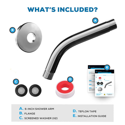 SparkPod 6 Inch Shower Arm with Flange - Solid Stainless Steel Shower Head Extension Arm, Wall-Mounted for Fixed & Handheld Showerheads - Teflon Tape Included (Standard 6", Luxury Polished Chrome)