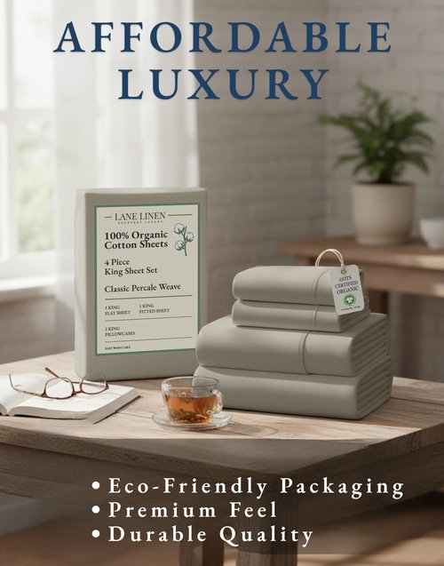 LANE LINEN 100% Organic Cotton King Sheet Set, 4Pc Cotton Sheets King Size, Soft & Comfy Percale Eco Friendly Sustainably Produced Bedding Sheets & Pillowcases, 15" Deep Pocket King Sheet Set - Silver