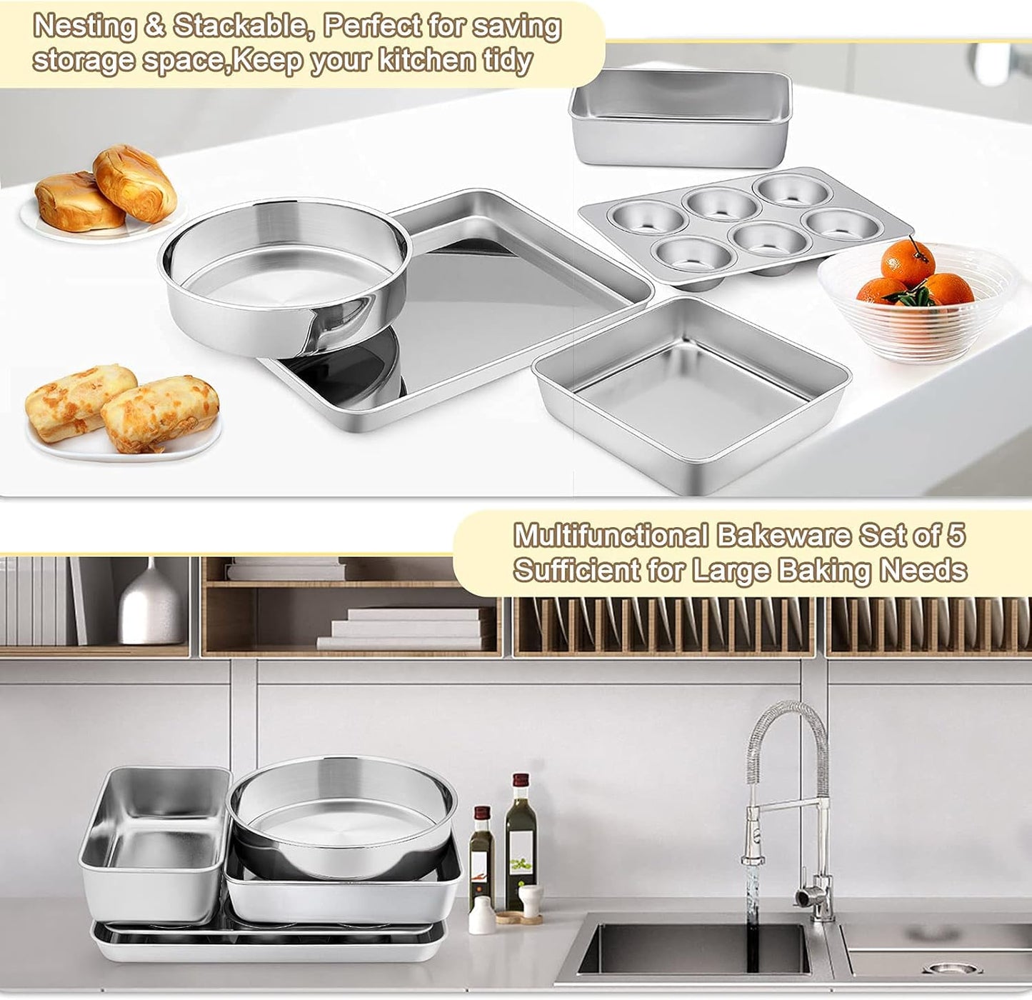 TeamFar Bakeware Set - Stainless Steel Baking Pans for Toaster Oven | Heavy Duty & Dishwasher Safe - 5 Pieces