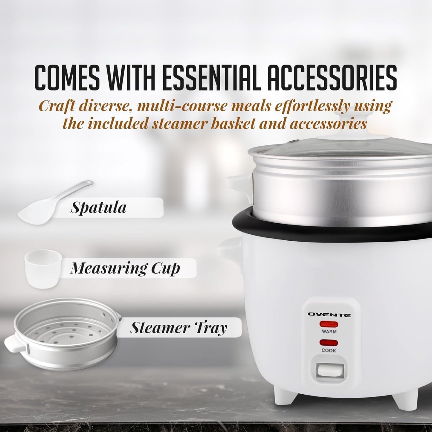 OVENTE Electric Rice Cooker - 10-Cup Capacity, Nonstick Pot & Steaming Basket Included | White RCS01W