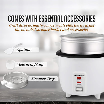 OVENTE Electric Rice Cooker - 10-Cup Capacity, Nonstick Pot & Steaming Basket Included | White RCS01W
