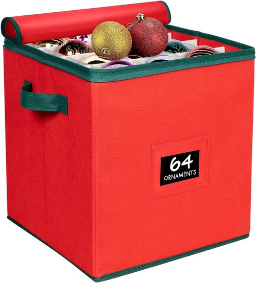 HOLDN’ STORAGE Christmas Ornament Storage Box - Holds Up to 64 Ornaments | Adjustable Compartments in Red