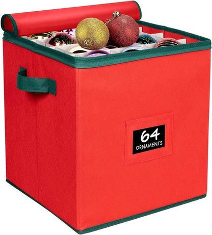 HOLDN’ STORAGE Christmas Ornament Storage Box - Holds Up to 64 Ornaments | Adjustable Compartments in Red
