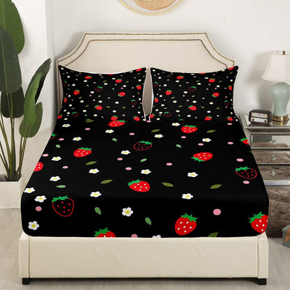 Strawberry Fitted Sheet, Kawaii Room Decor Bed Sheets for Kids Girls Women, Cute Flower Bedding Set Cartoon Floral Fitted Bed Sheets Soft Microfiber Bedroom Decor, Red Black(Twin Size)(No Top Sheet)