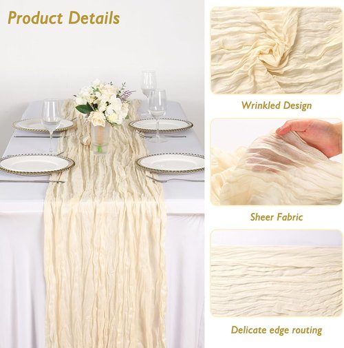 Fixwal Cream Beige Cheesecloth Table Runner - 35x120 Inch | 3 Pack Semi-Transparent Boho Decor for Weddings & Parties