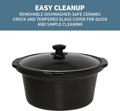West Bend 4-Quart Slow Cooker - Manual Crockpot with Dishwasher Safe Ceramic Insert & Glass Lid | Black