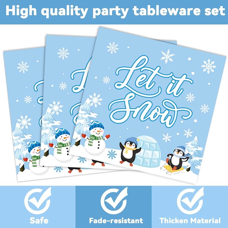 Let It Snow Winter Party Dinnerware Set 96 PCS - Plates, Napkins & Forks with Snowman Penguin
