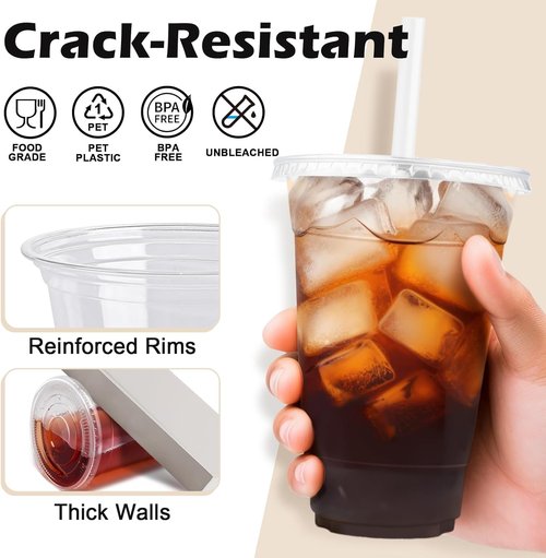 Lamosi 16 oz Clear Plastic Cups - 100 Pack with Lids & Straws for Iced Coffee & Smoothies