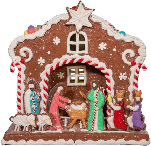 Kurt S. Adler Light Up Nativity Gingerbread House - 12.5-Inch Battery Operated Decor